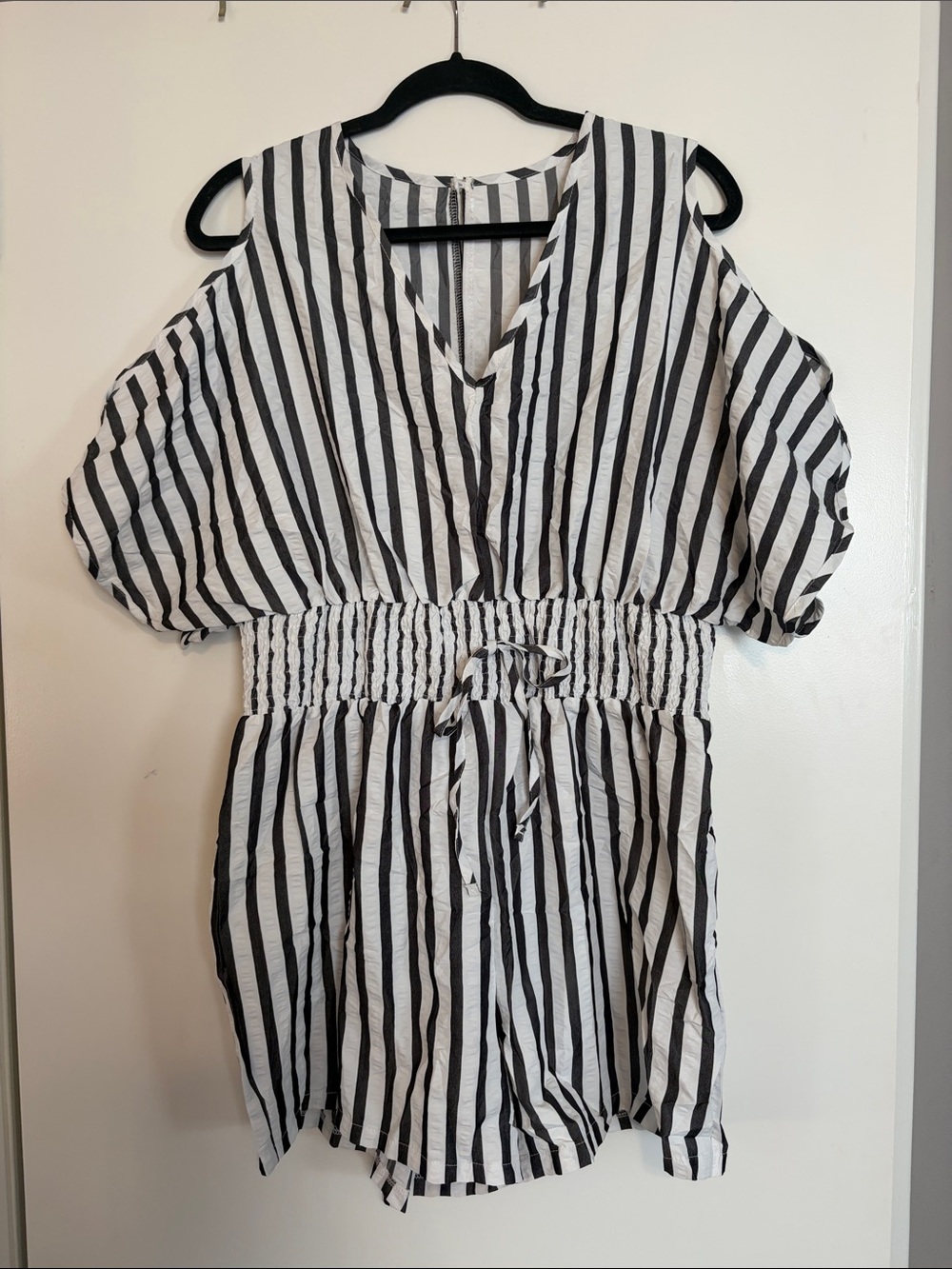 Women's Black and White Striped Cold-Shoulder Romper